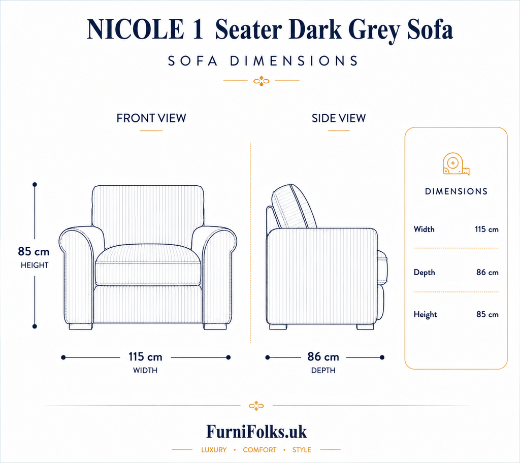 NICOLE 1 Seater Chenille Dark Grey Sofa | FurniFolks - Detailed Angle View 6
