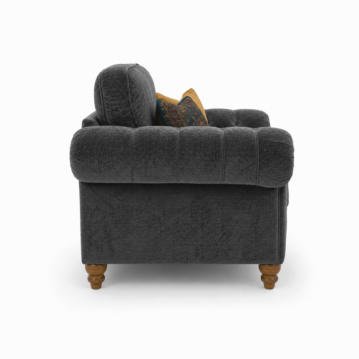 NICOLE 1 Seater Crush Velvet Dark Grey Sofa | Royal Rest Interiors - Detailed Angle View 2