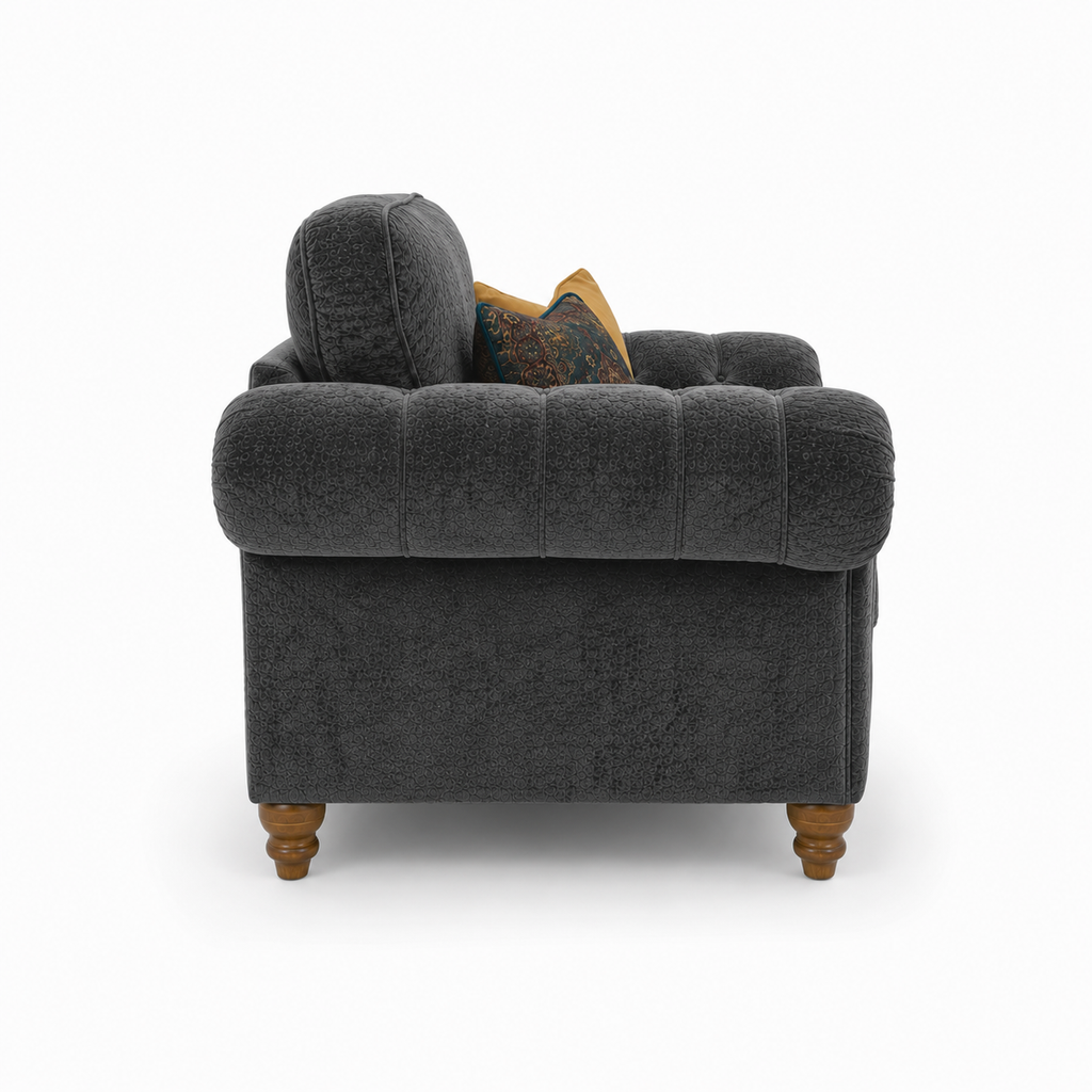 NICOLE 1 Seater Crush Velvet Dark Grey Sofa | FurniFolks - Detailed Angle View 2
