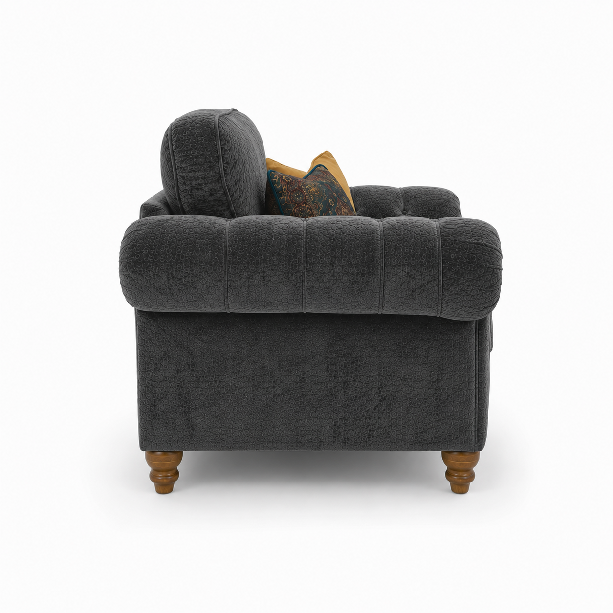 NICOLE 1 Seater Crush Velvet Dark Grey Sofa | FurniFolks - Detailed Angle View 2