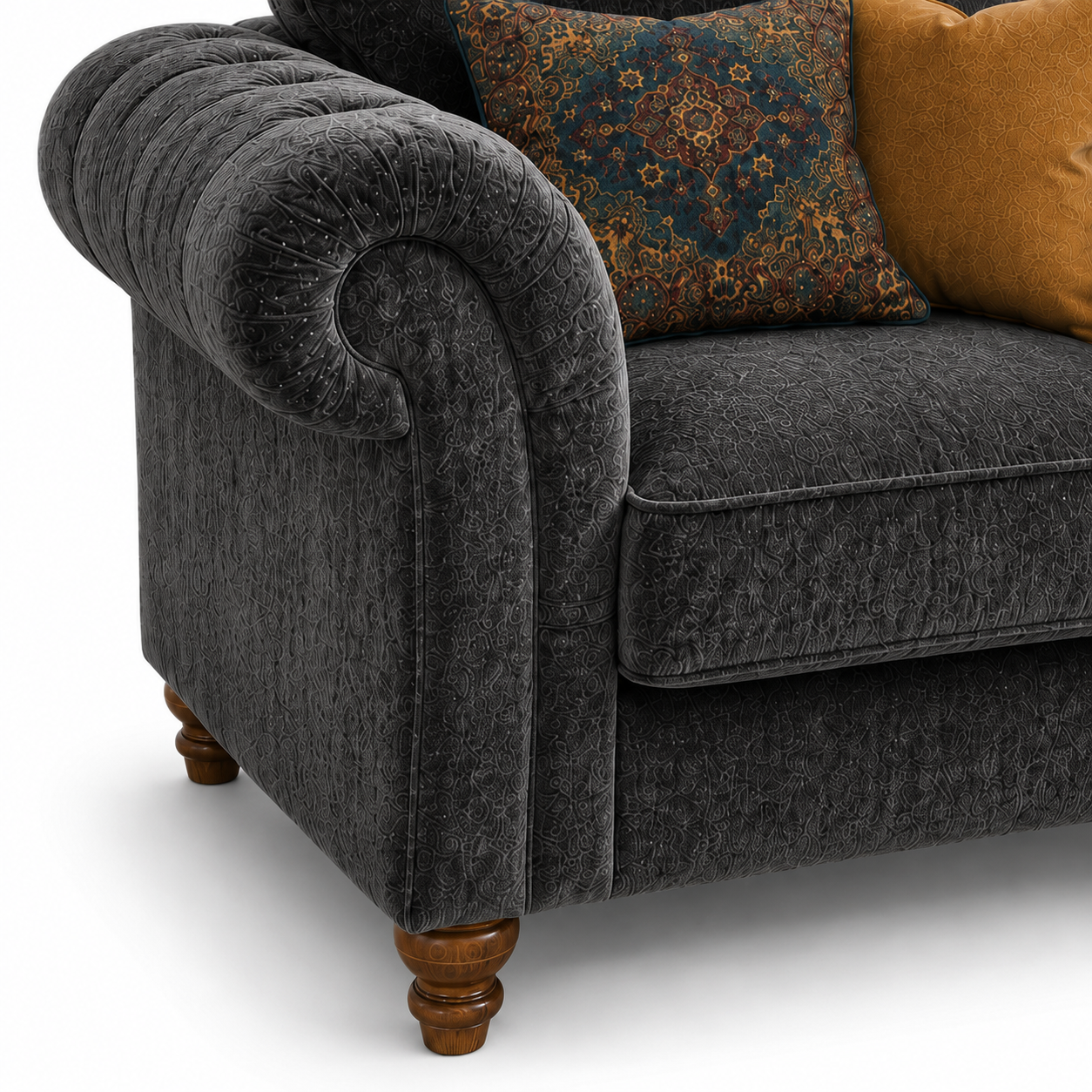 NICOLE 1 Seater Crush Velvet Dark Grey Sofa | FurniFolks - Detailed Angle View 3
