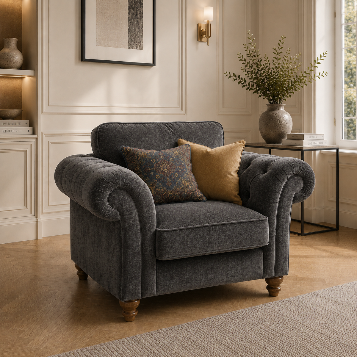 NICOLE 1 Seater Crush Velvet Dark Grey Sofa | FurniFolks - Detailed Angle View 4