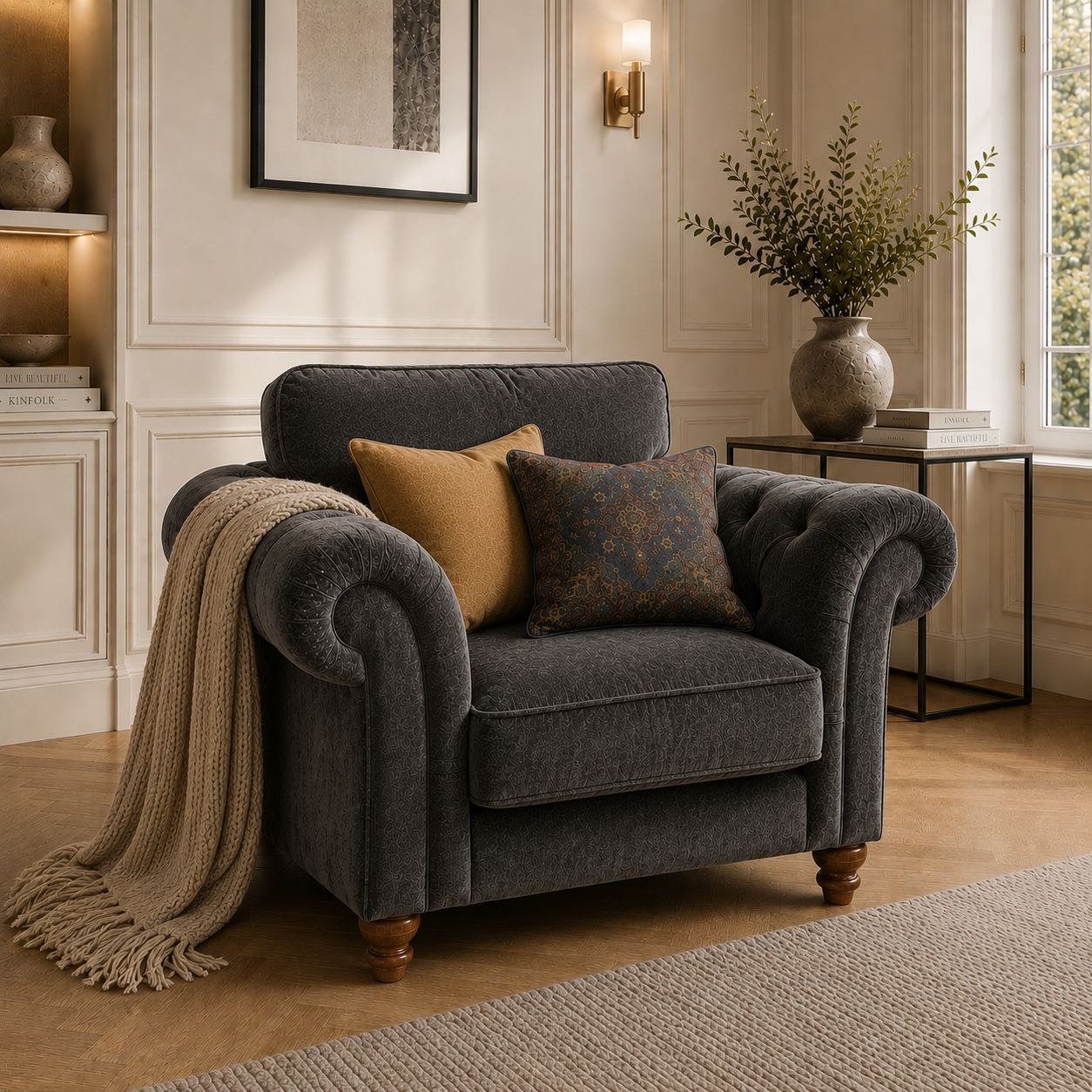 NICOLE 1 Seater Crush Velvet Dark Grey Sofa | FurniFolks - Detailed Angle View 5