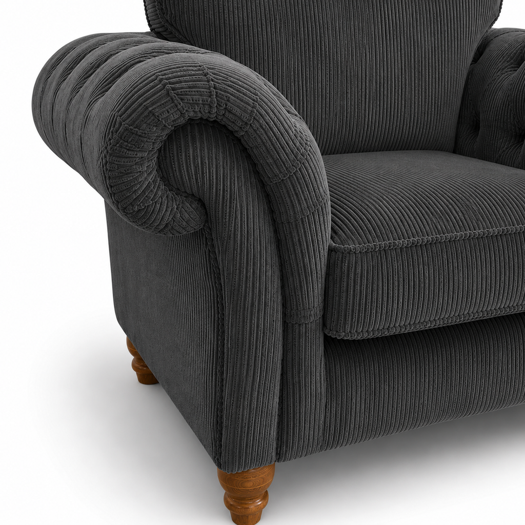 NICOLE 1 Seater Jumbo Cord Dark Grey Sofa | FurniFolks - Detailed Angle View 3
