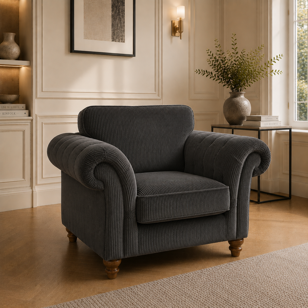 NICOLE 1 Seater Jumbo Cord Dark Grey Sofa | FurniFolks - Detailed Angle View 4