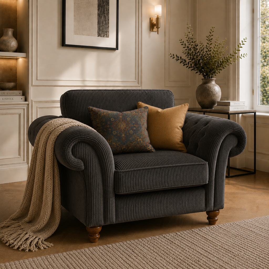 NICOLE 1 Seater Jumbo Cord Dark Grey Sofa | FurniFolks - Detailed Angle View 5
