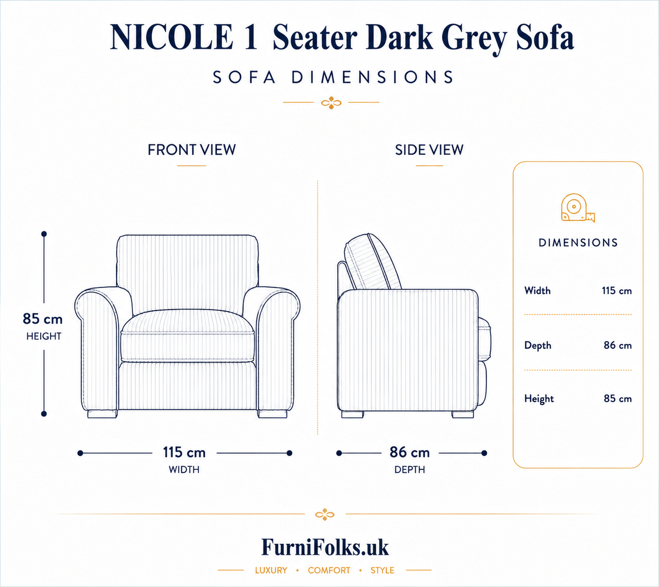 NICOLE 1 Seater Jumbo Cord Dark Grey Sofa | FurniFolks - Detailed Angle View 6