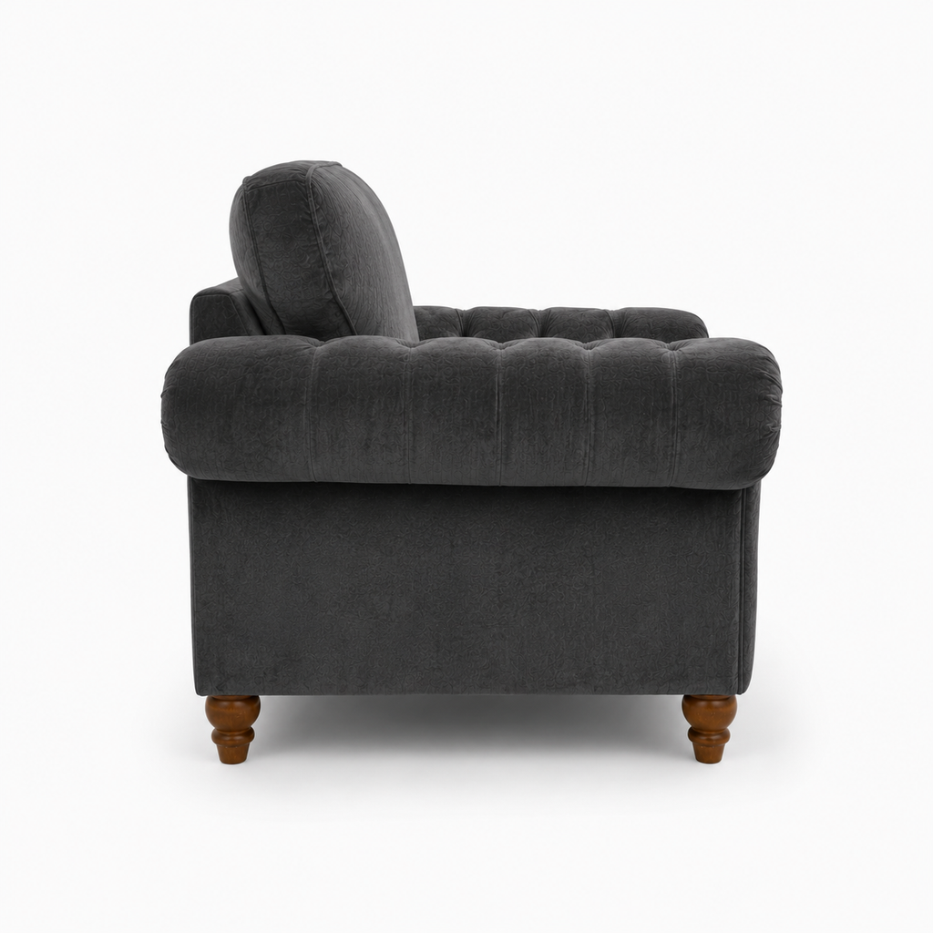 NICOLE 1 Seater Plush Velvet Dark Grey Sofa | FurniFolks - Detailed Angle View 2