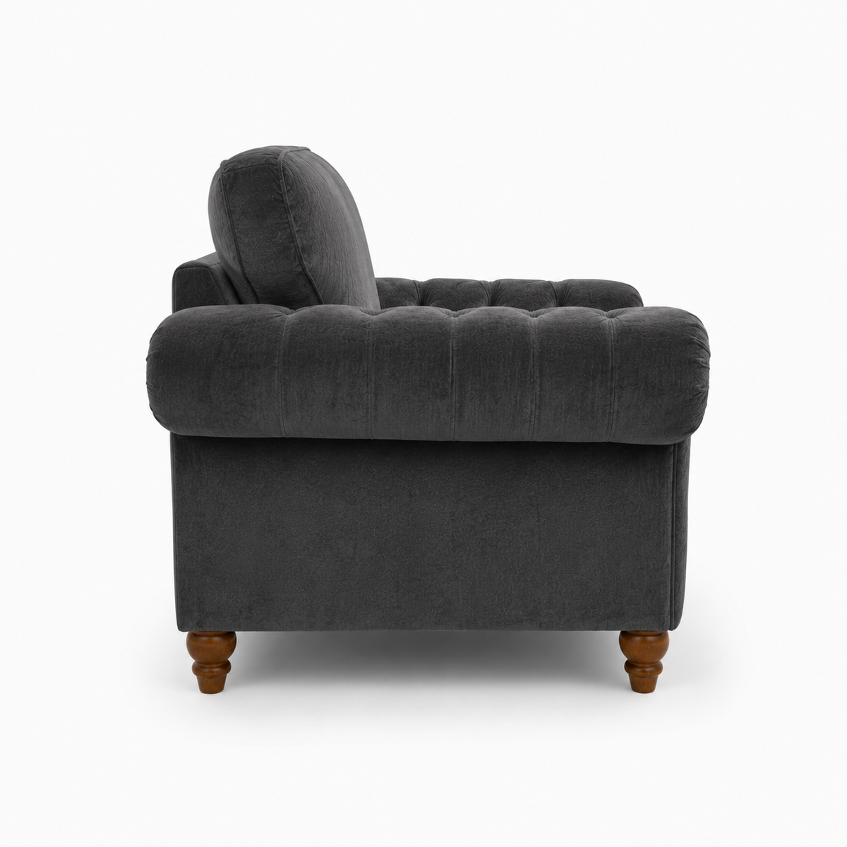 NICOLE 1 Seater Plush Velvet Dark Grey Sofa | FurniFolks - Detailed Angle View 2