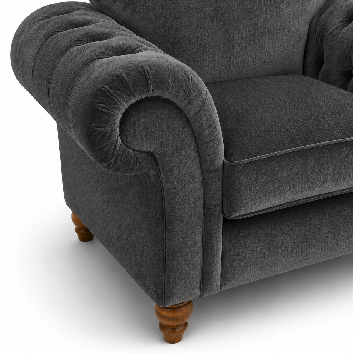 NICOLE 1 Seater Plush Velvet Dark Grey Sofa | Royal Rest Interiors - Detailed Angle View 3