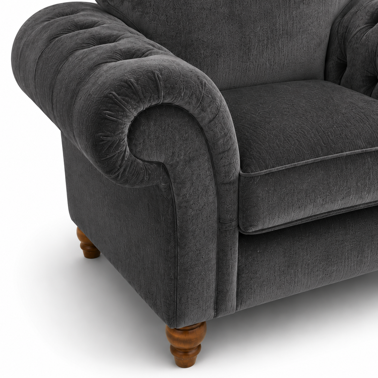 NICOLE 1 Seater Plush Velvet Dark Grey Sofa | FurniFolks - Detailed Angle View 3
