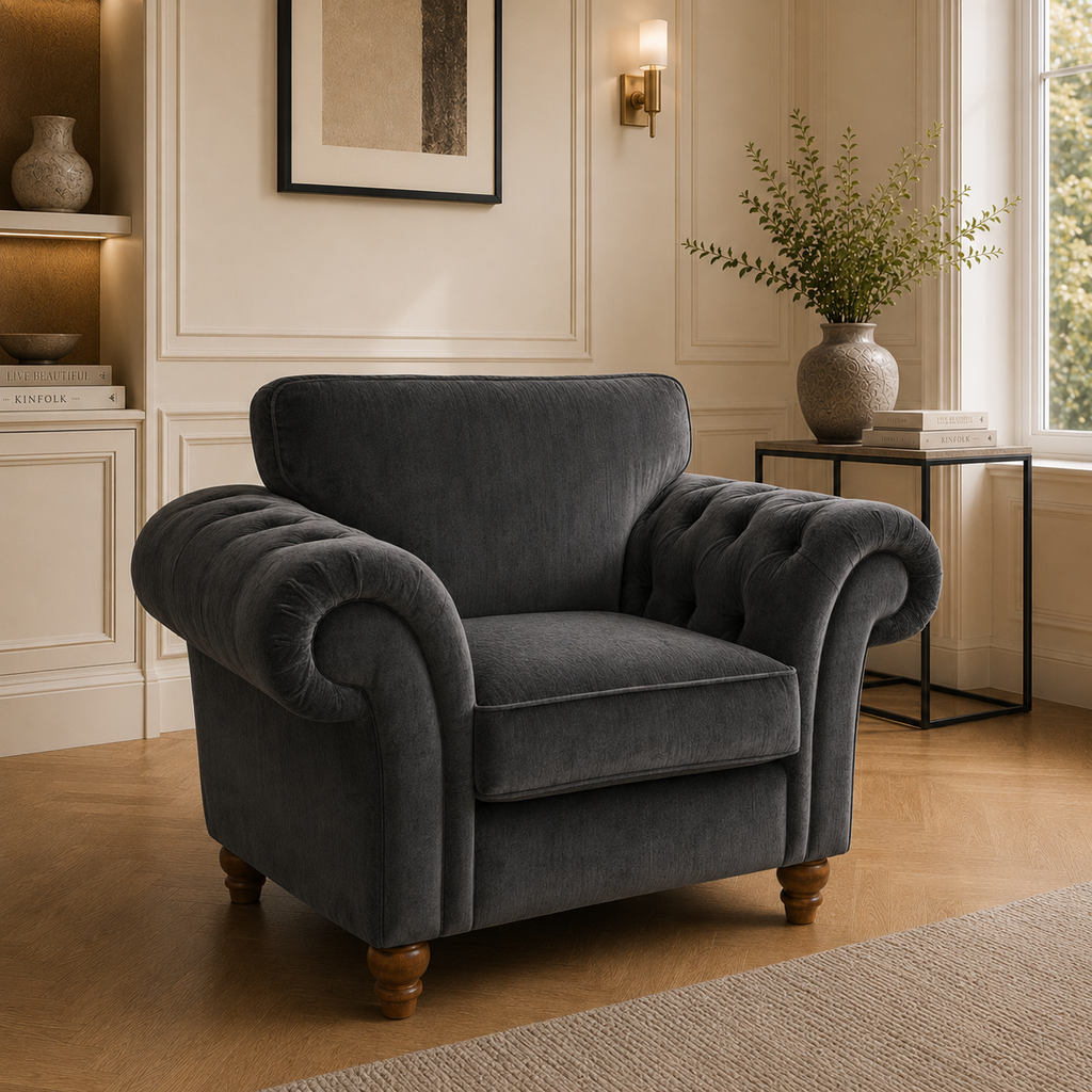 NICOLE 1 Seater Plush Velvet Dark Grey Sofa | FurniFolks - Detailed Angle View 4