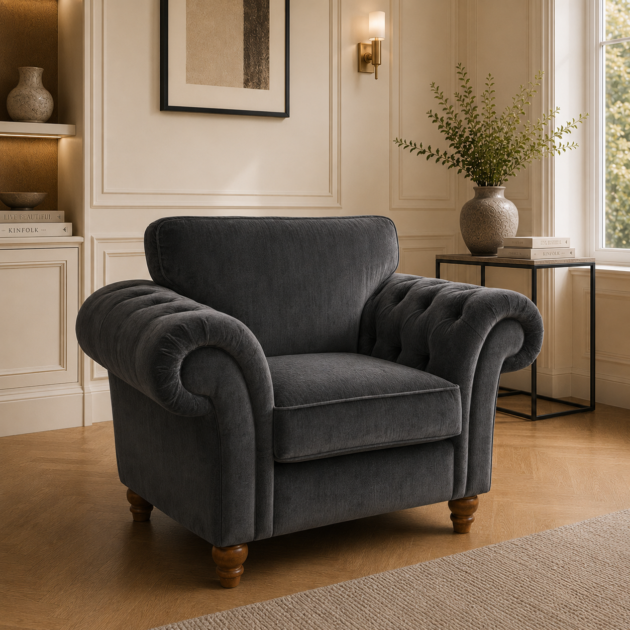 NICOLE 1 Seater Plush Velvet Dark Grey Sofa | FurniFolks - Detailed Angle View 4
