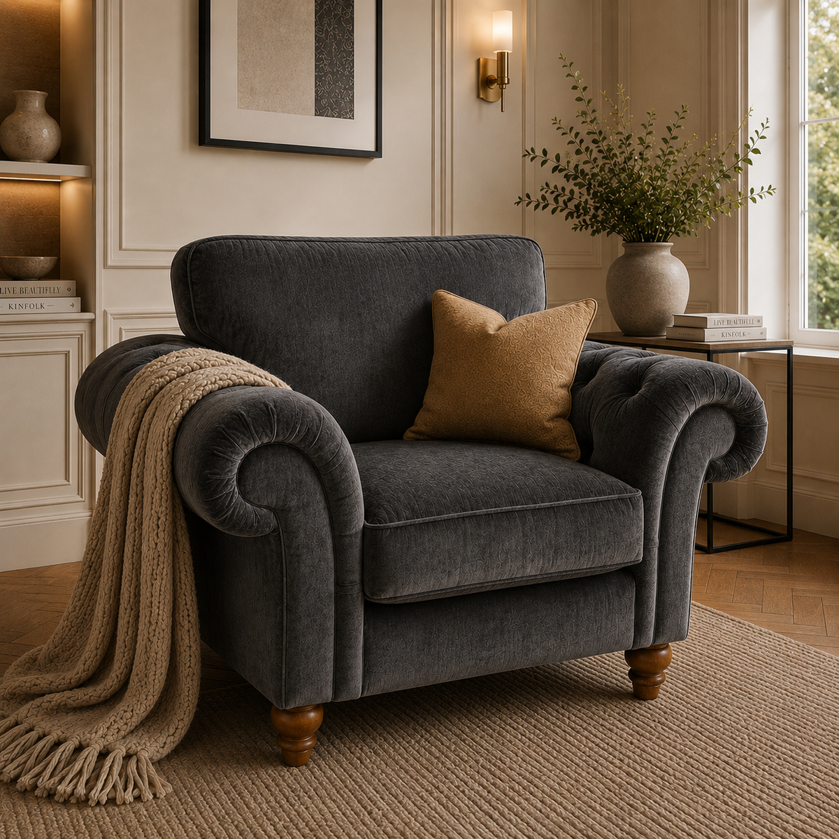 NICOLE 1 Seater Plush Velvet Dark Grey Sofa | FurniFolks - Detailed Angle View 5