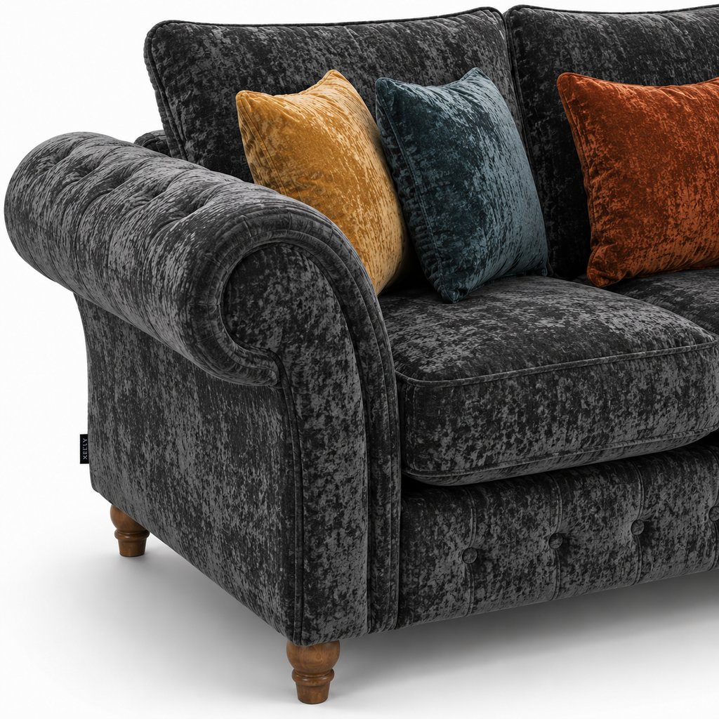 NICOLE 2 Seater Crush Velvet Dark Grey Sofa - Detailed Angle View 3