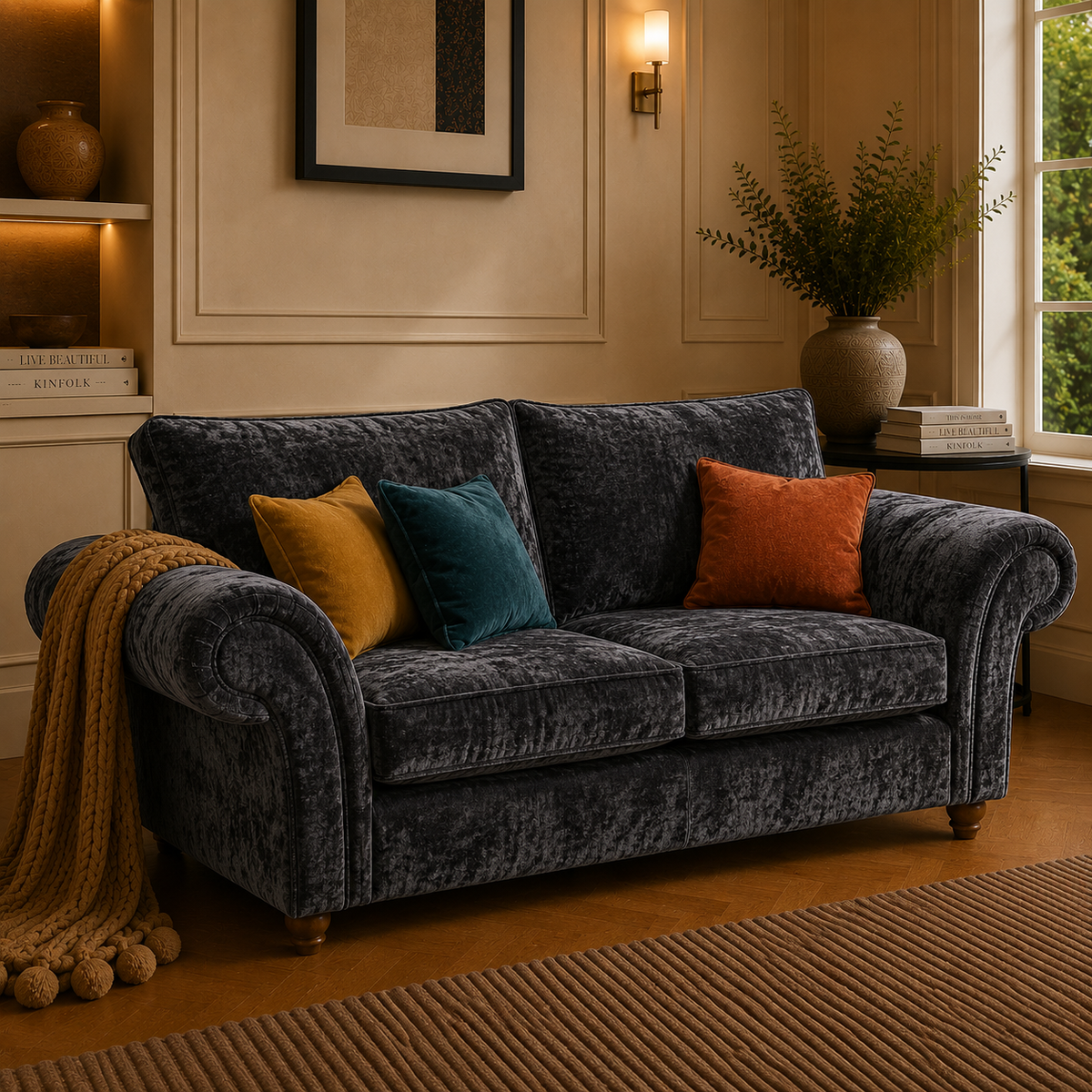 NICOLE 2 Seater Crush Velvet Dark Grey Sofa - Detailed Angle View 4