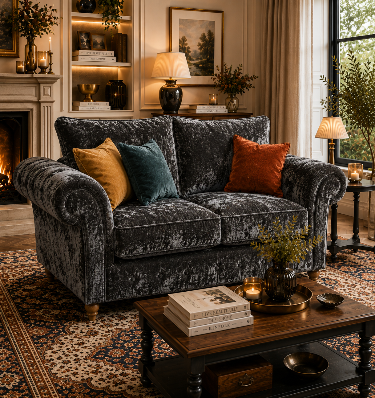 NICOLE 2 Seater Crush Velvet Dark Grey Sofa - Detailed Angle View 5