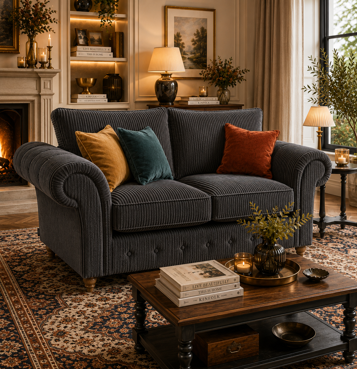 NICOLE 2 Seater Jumbo Cord Dark Grey Sofa - Detailed Angle View 4