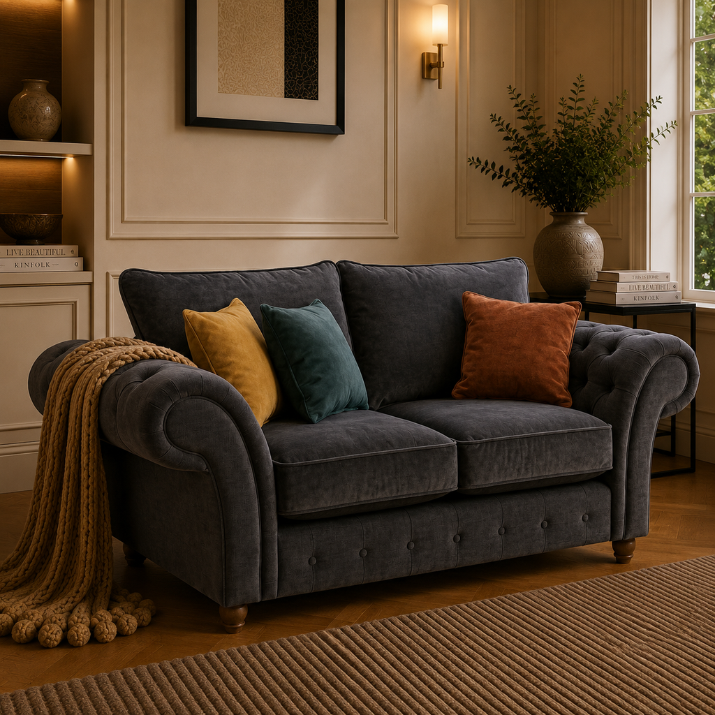 NICOLE 2 Seater Naples & Kensington Dark Grey Sofa - Detailed Angle View 4
