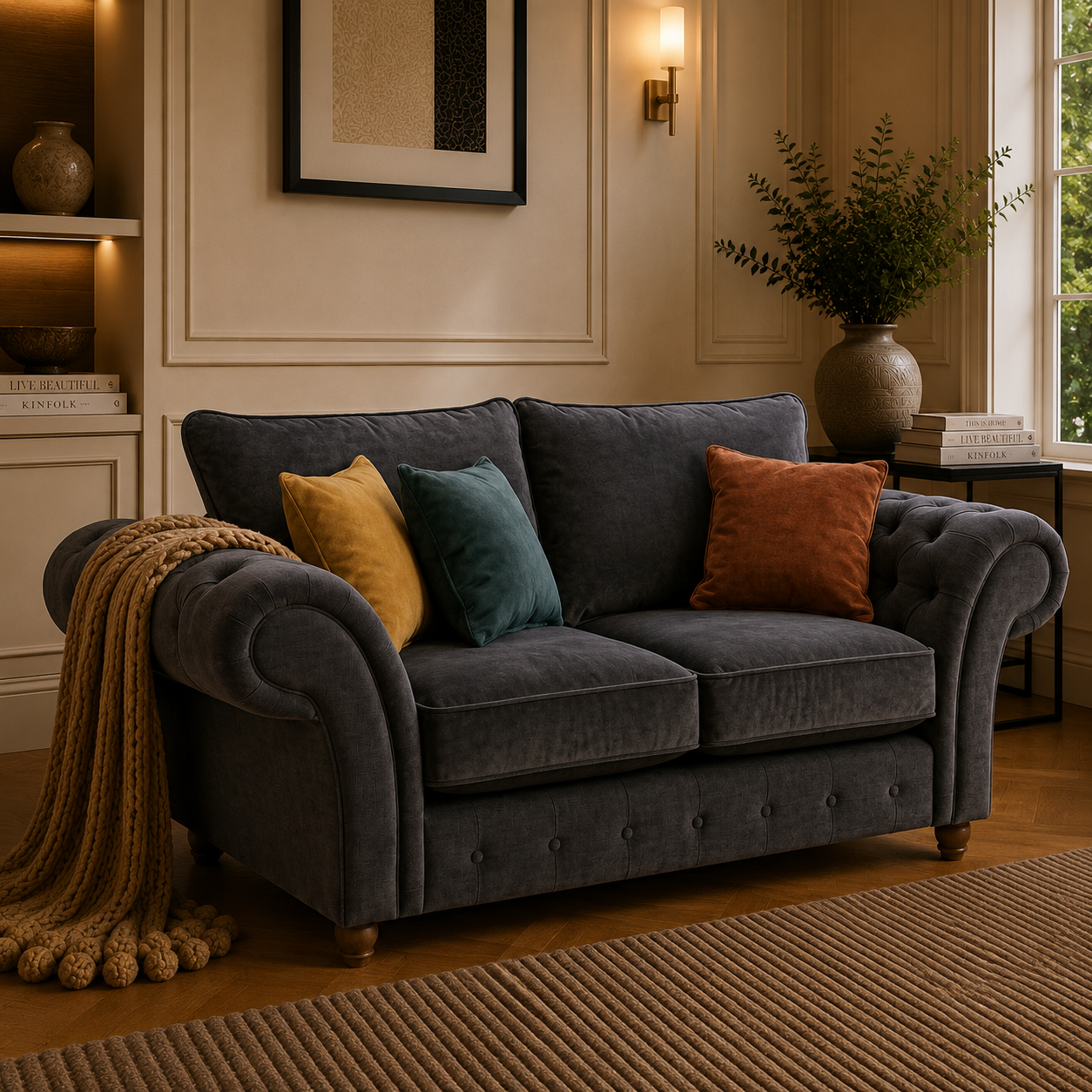 NICOLE 2 Seater Naples & Kensington Dark Grey Sofa - Detailed Angle View 4