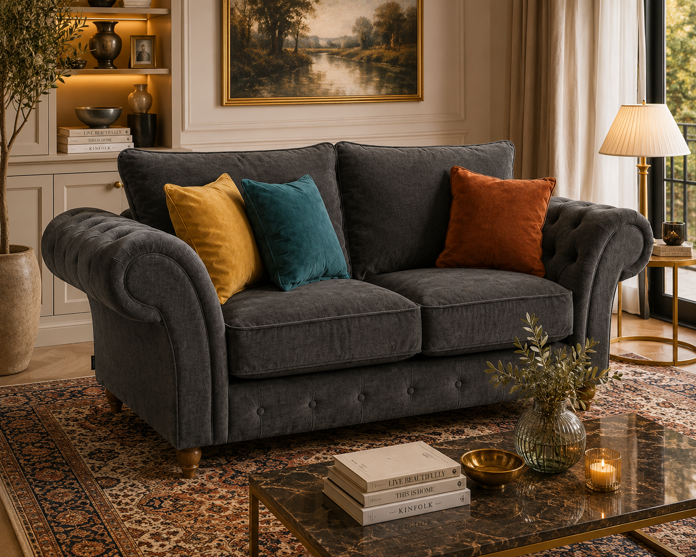 NICOLE 2 Seater Naples & Kensington Dark Grey Sofa - Detailed Angle View 5