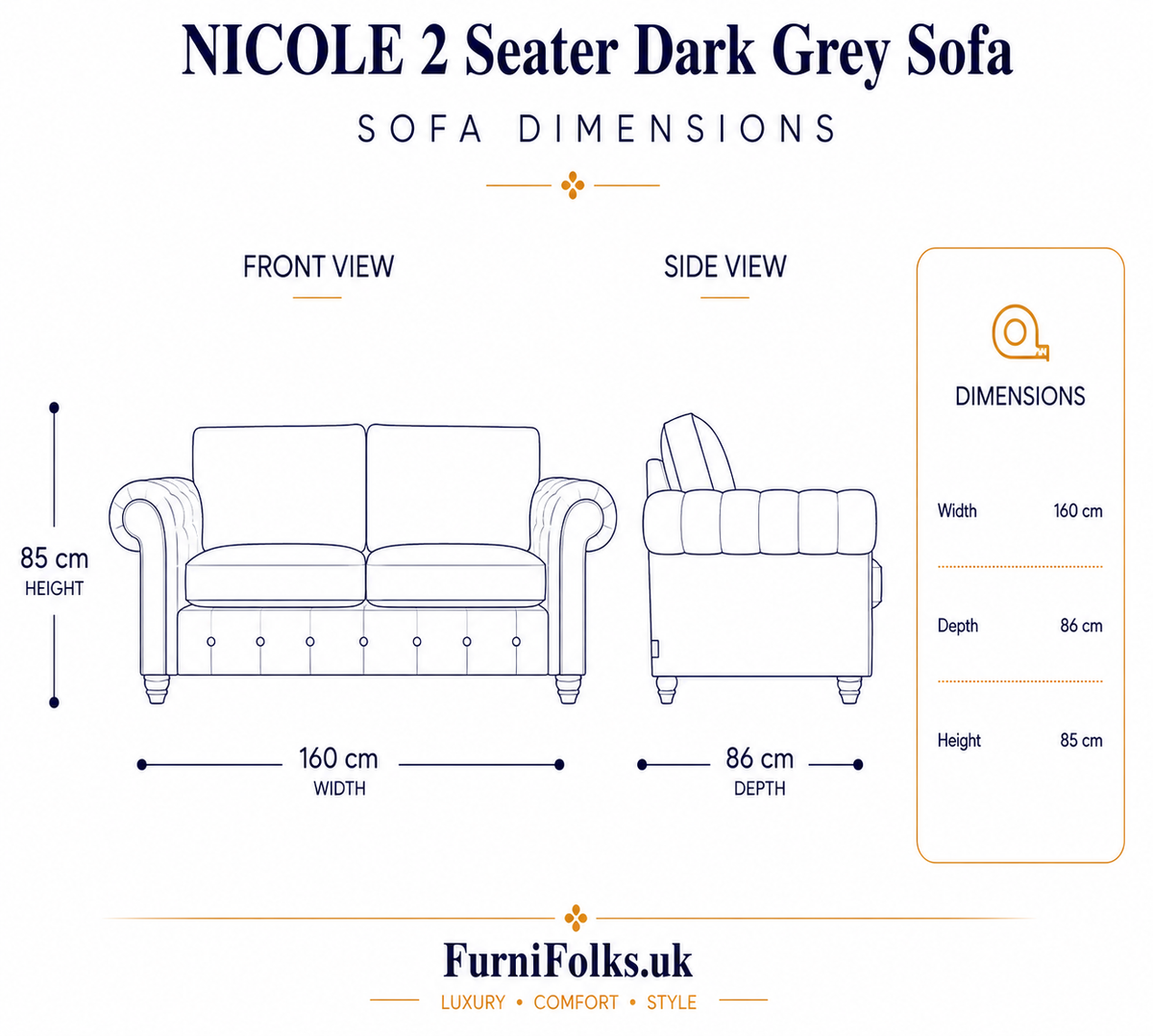 NICOLE 2 Seater Naples & Kensington Dark Grey Sofa - Detailed Angle View 6