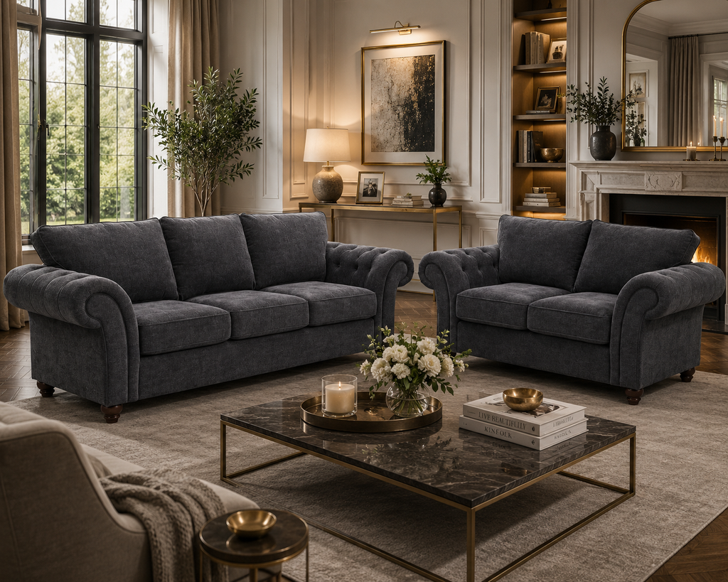 NICOLE 3+2 Seater Chenille Dark Grey Sofa - Detailed Angle View 5
