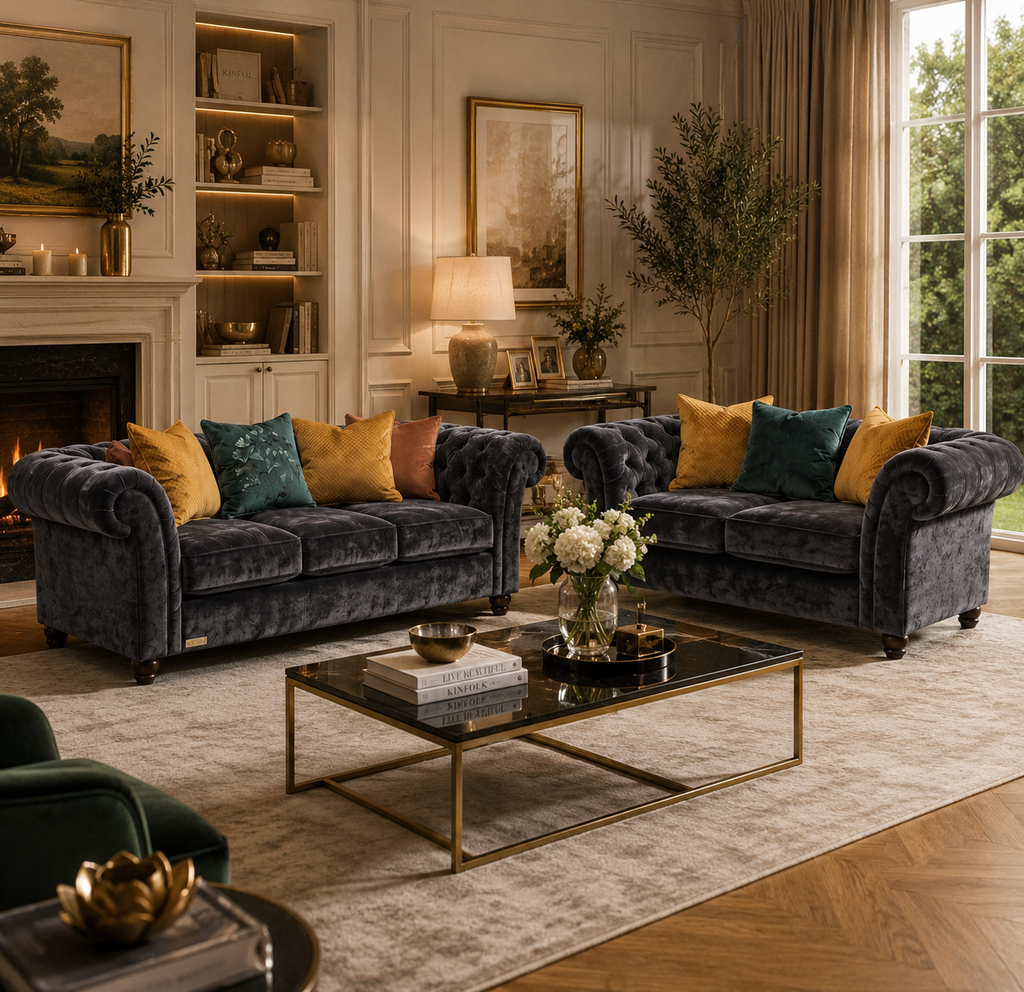 NICOLE 3+2 Seater Crush Velvet Dark Grey Sofa - Detailed Angle View 5