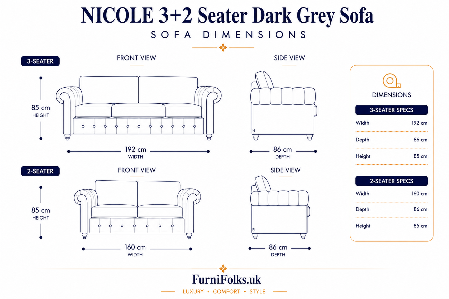 NICOLE 3+2 Seater Crush Velvet Dark Grey Sofa - Detailed Angle View 6