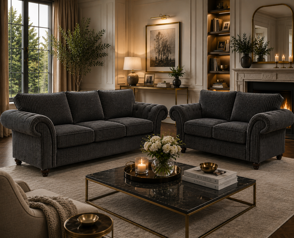 NICOLE 3+2 Seater Jumbo Cord Dark Grey Sofa - Detailed Angle View 4