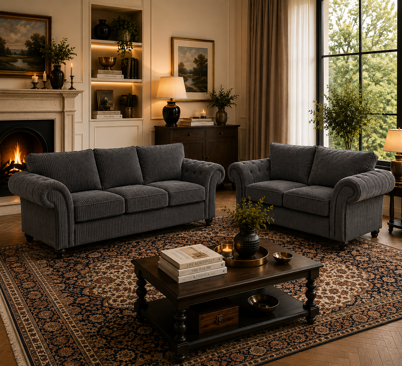 NICOLE 3+2 Seater Jumbo Cord Dark Grey Sofa - Detailed Angle View 5