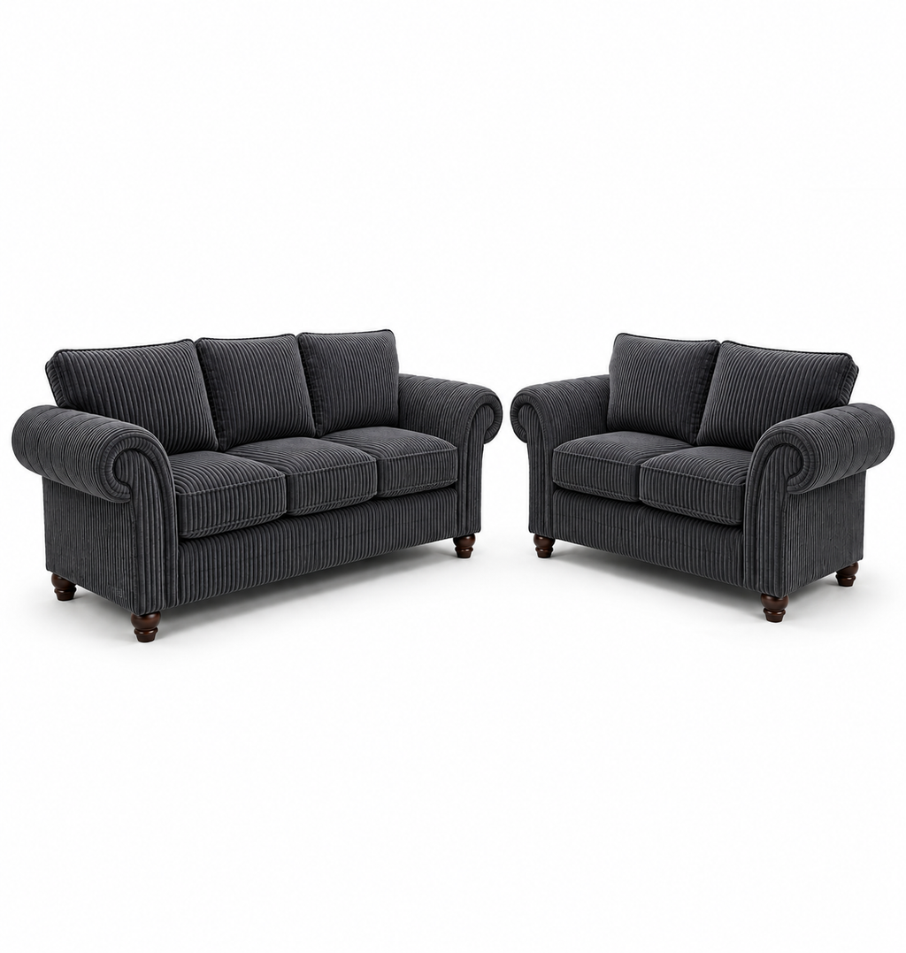 NICOLE 3+2 Seater Jumbo Cord Dark Grey Sofa - Luxury UK Living Room Showcase