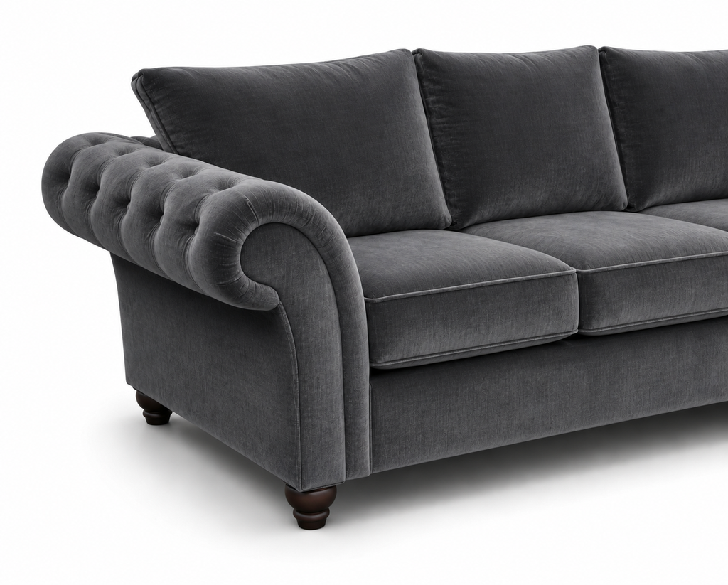 NICOLE 3+2 Seater Plush Velvet Dark Grey Sofa - Detailed Angle View 3