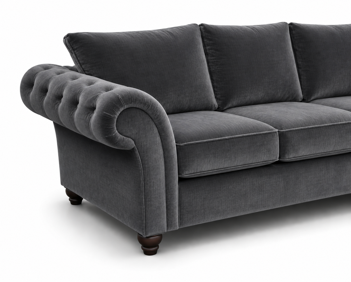 NICOLE 3+2 Seater Plush Velvet Dark Grey Sofa - Detailed Angle View 3