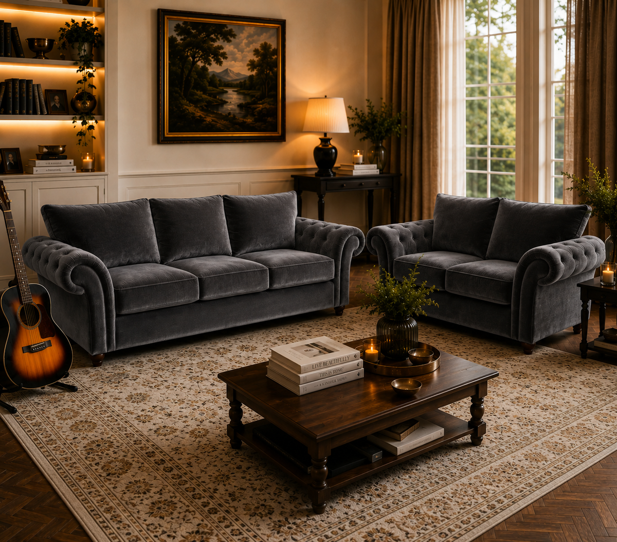 NICOLE 3+2 Seater Plush Velvet Dark Grey Sofa - Detailed Angle View 5