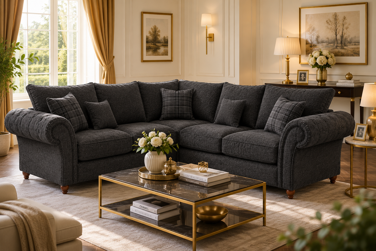 NICOLE 5 Seater Corner Chenille Dark Grey Sofa - Detailed Angle View 4