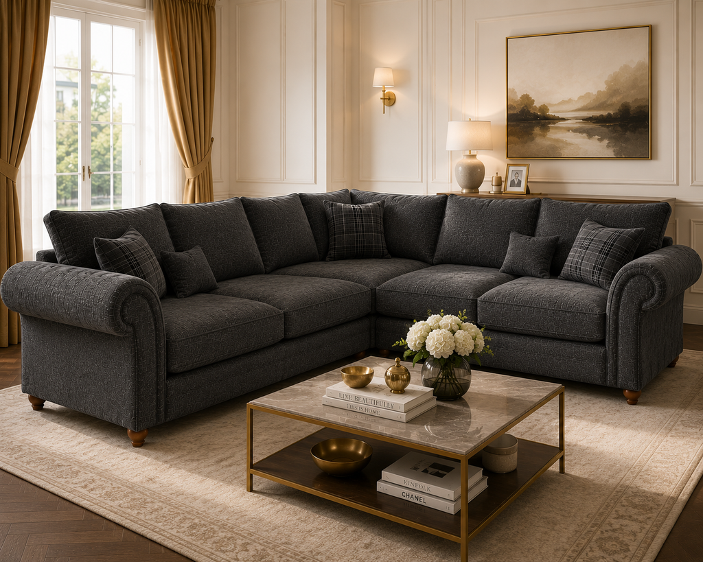 NICOLE 5 Seater Corner Chenille Dark Grey Sofa - Detailed Angle View 5