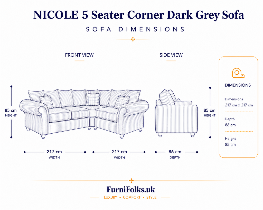 NICOLE 5 Seater Corner Chenille Dark Grey Sofa - Detailed Angle View 6