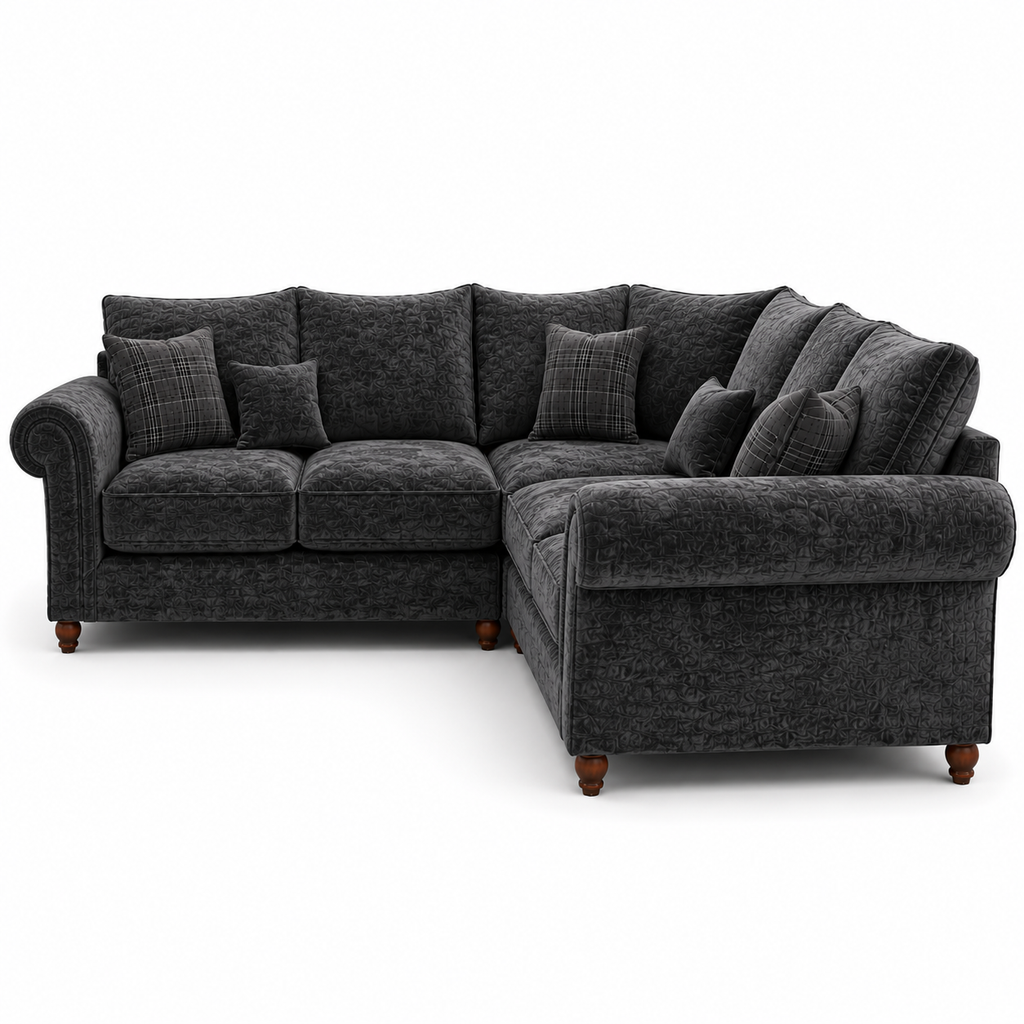NICOLE 5 Seater Corner Crush Velvet Dark Grey Sofa - Detailed Angle View 2