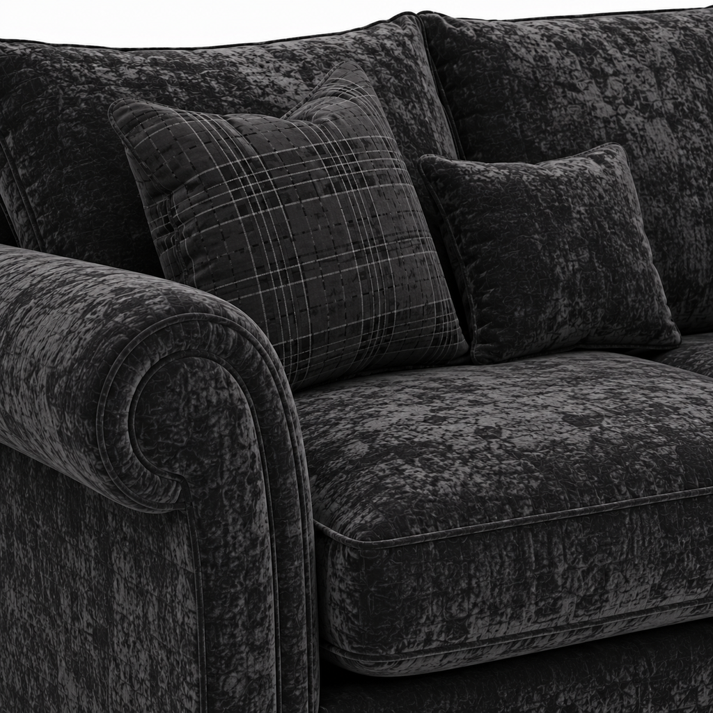 NICOLE 5 Seater Corner Crush Velvet Dark Grey Sofa - Detailed Angle View 3