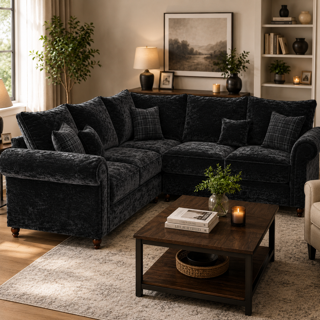 NICOLE 5 Seater Corner Crush Velvet Dark Grey Sofa - Detailed Angle View 4