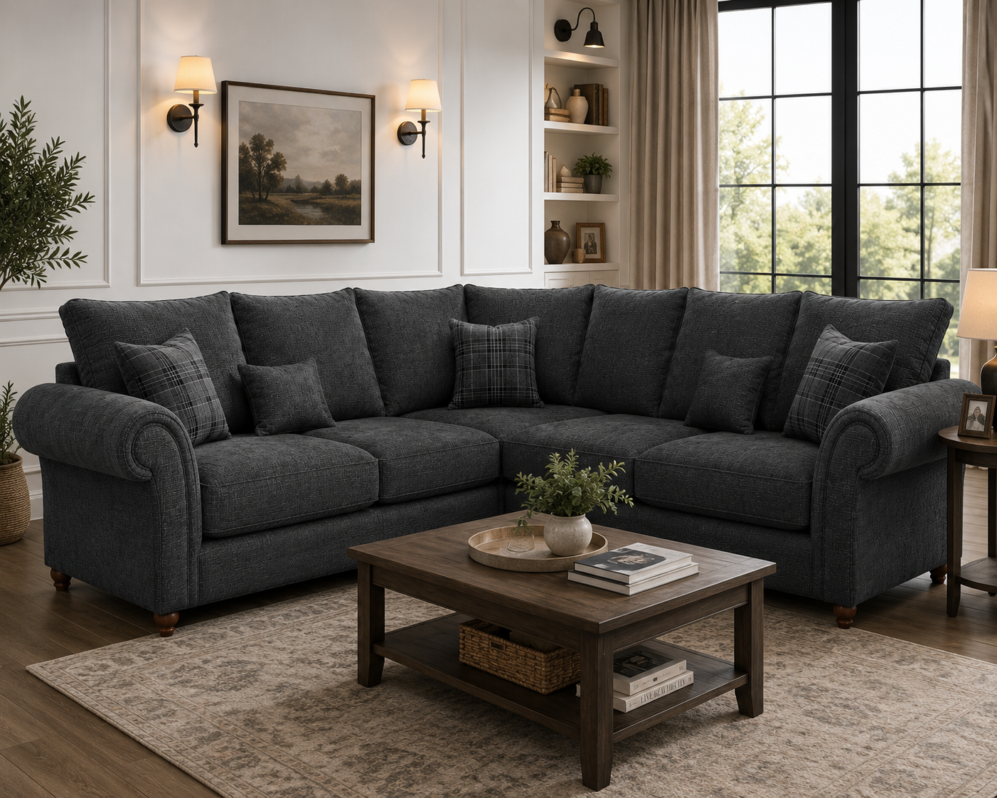 NICOLE 5 Seater Corner Naples & Kensington Dark Grey Sofa - Detailed Angle View 4