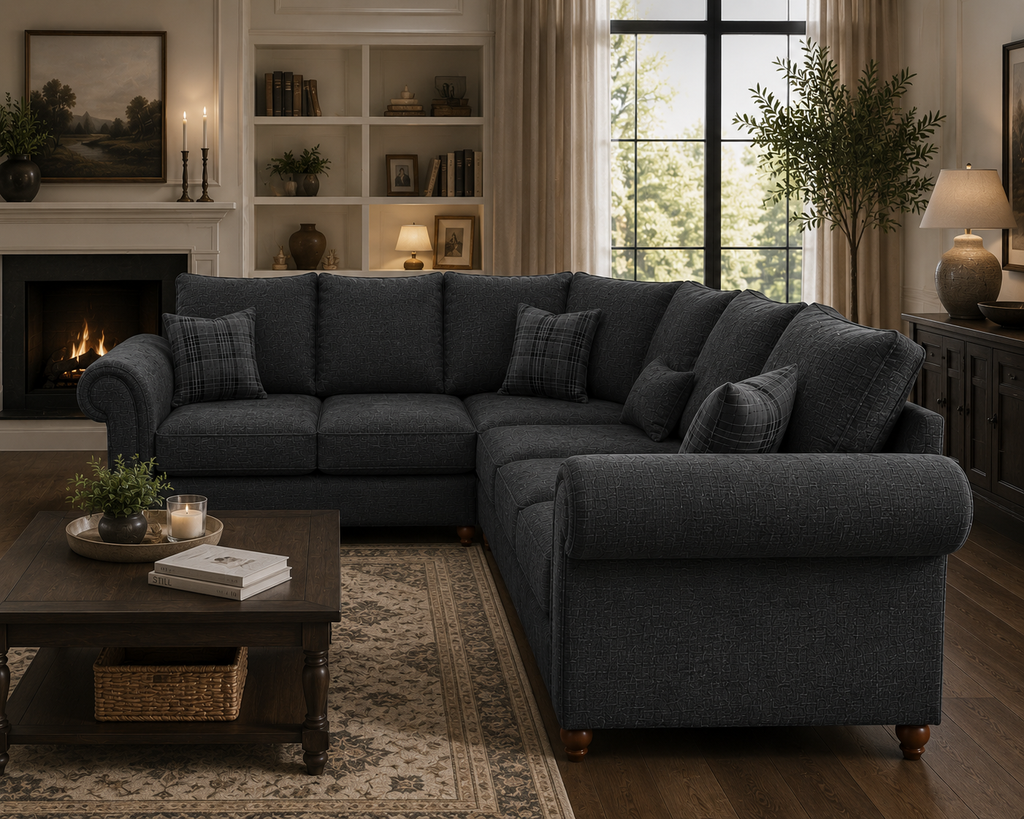 NICOLE 5 Seater Corner Naples & Kensington Dark Grey Sofa - Detailed Angle View 5