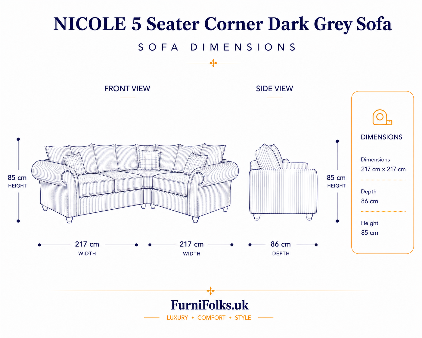 NICOLE 5 Seater Corner Naples & Kensington Dark Grey Sofa - Detailed Angle View 6
