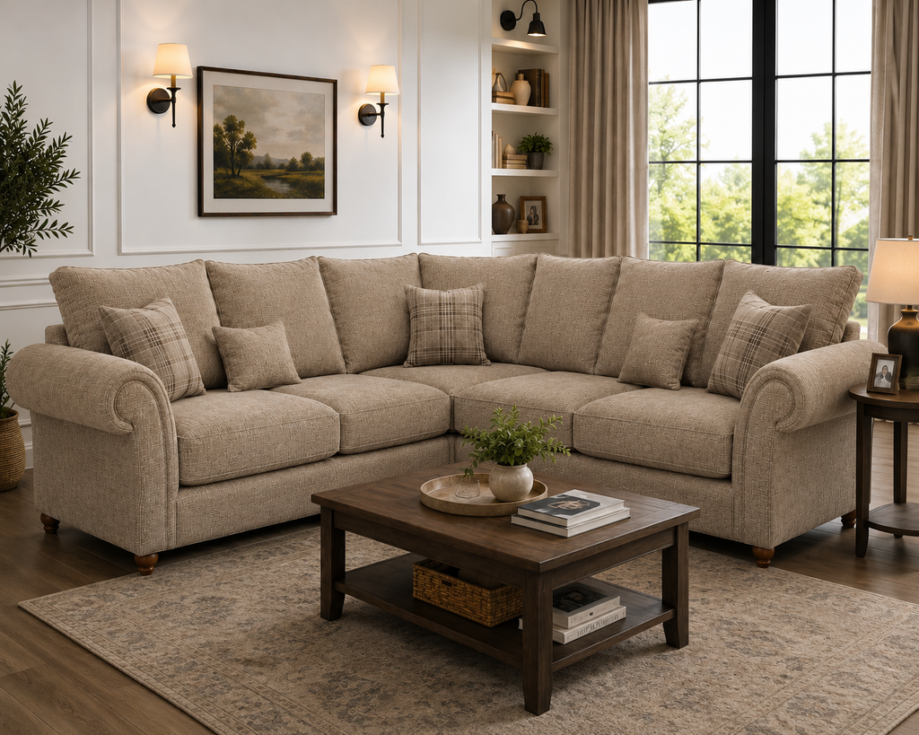 Nicole 5 Seater Corner Naples & Kensington Mink Sofa - Detailed Angle View 4