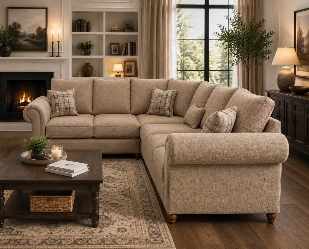Nicole 5 Seater Corner Naples & Kensington Mink Sofa - Detailed Angle View 5