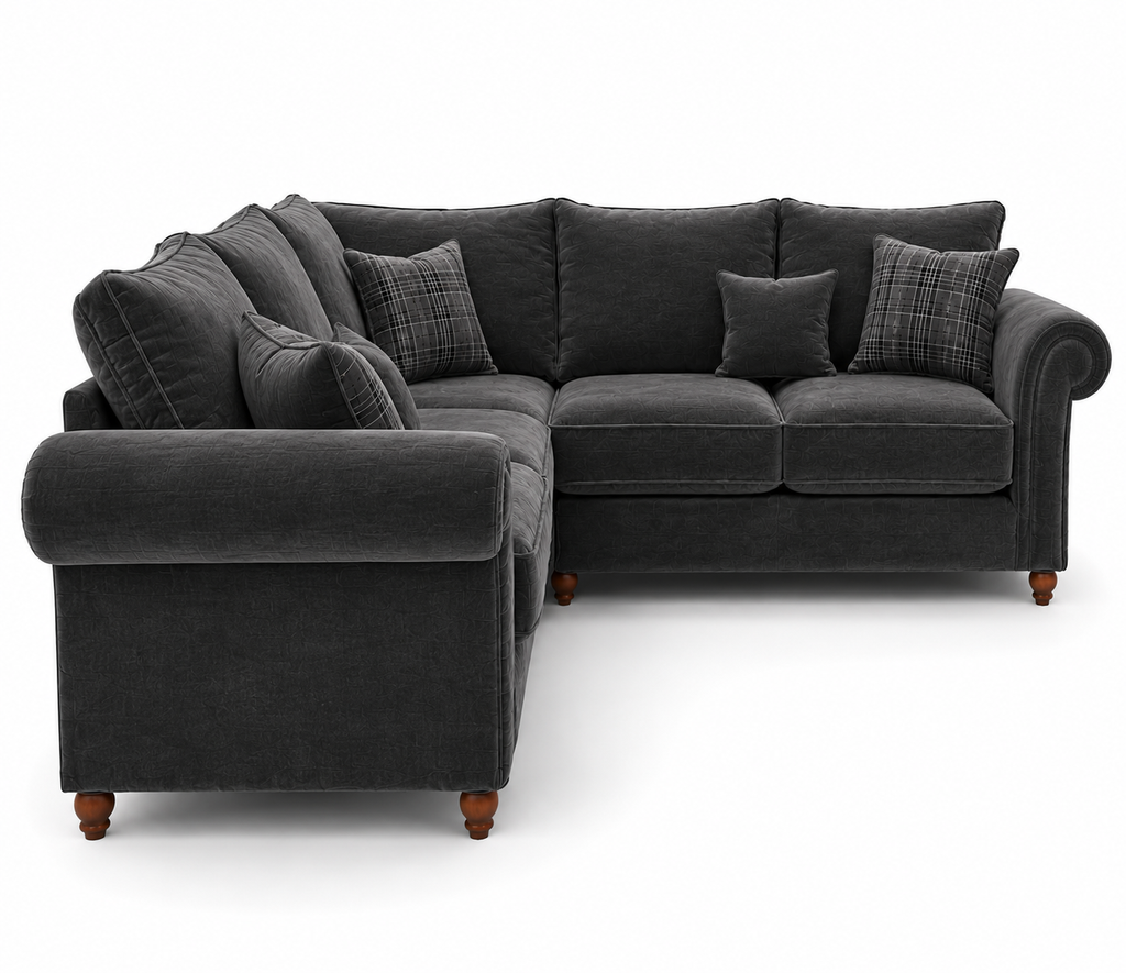 NICOLE 5 Seater Corner Plush Velvet Dark Grey Sofa - Detailed Angle View 2