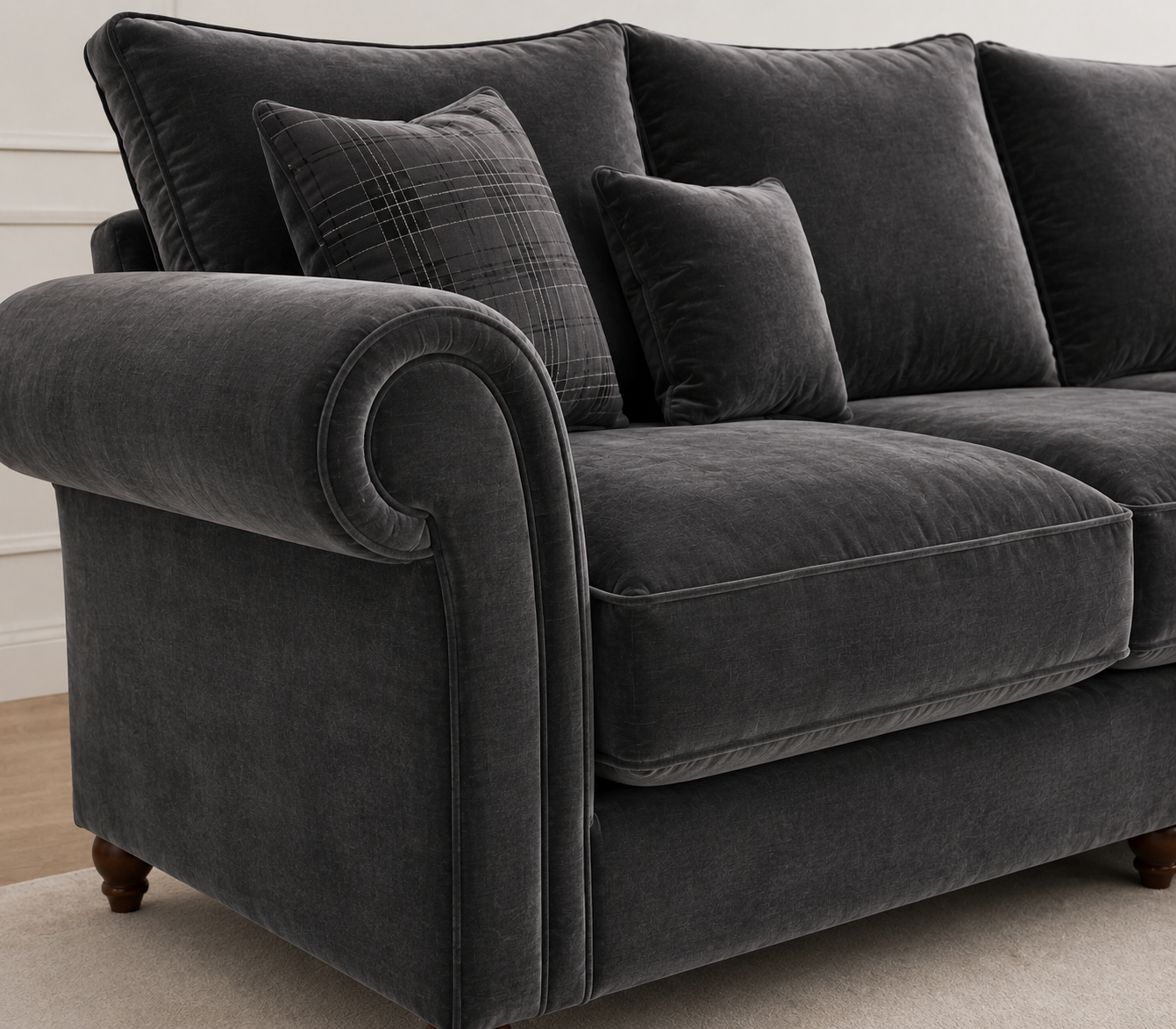 NICOLE 5 Seater Corner Plush Velvet Dark Grey Sofa - Detailed Angle View 3