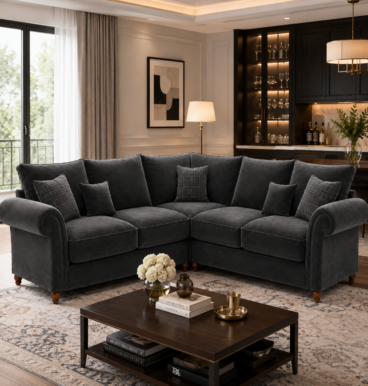 NICOLE 5 Seater Corner Plush Velvet Dark Grey Sofa - Detailed Angle View 5