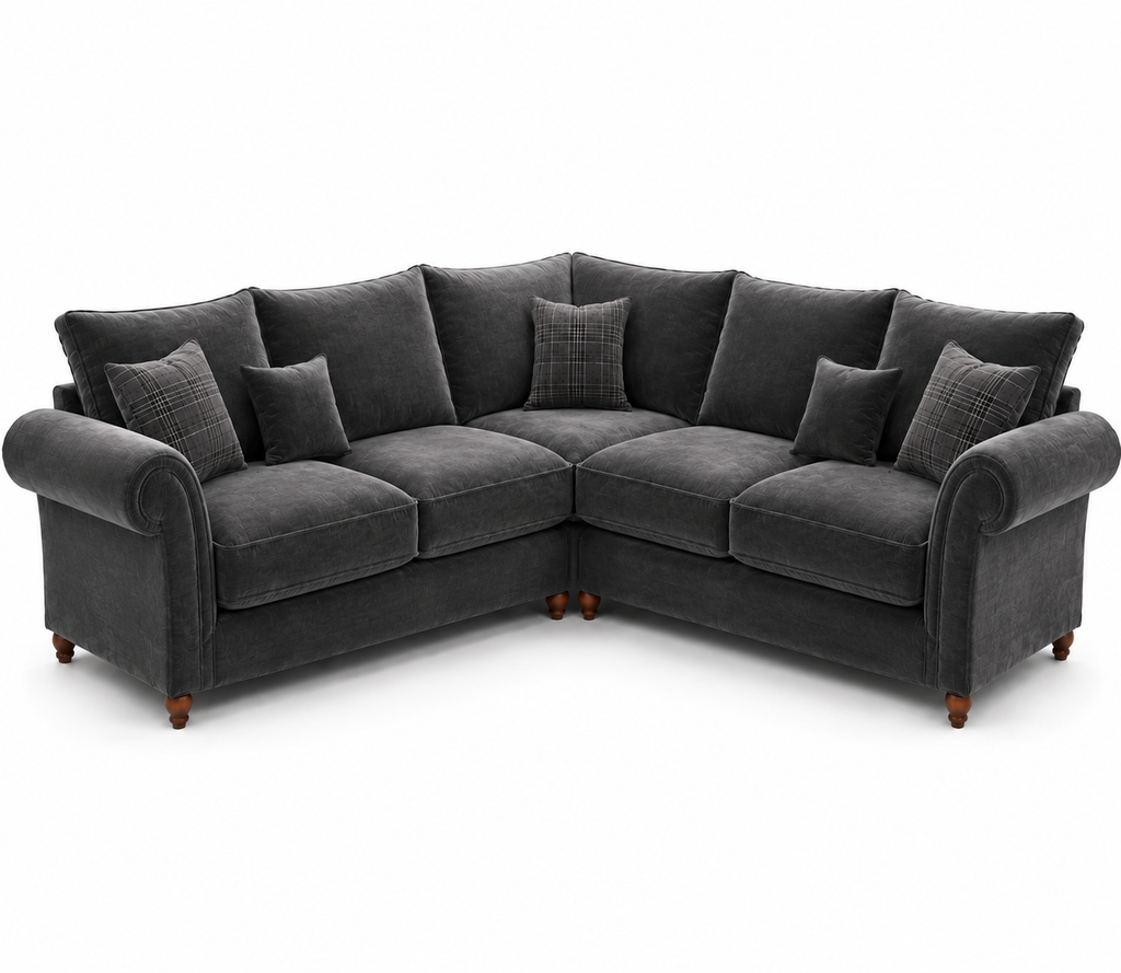 NICOLE 5 Seater Corner Plush Velvet Dark Grey Sofa - Luxury UK Living Room Showcase